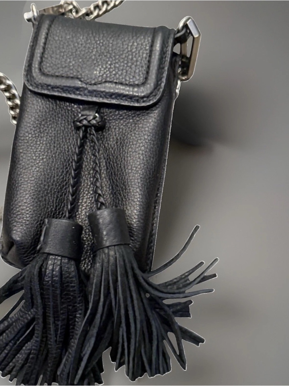 Rebecca Minkoff Isobel Pebbled Leather Phone Cross-Body Guitar Chain Strap w/Fur